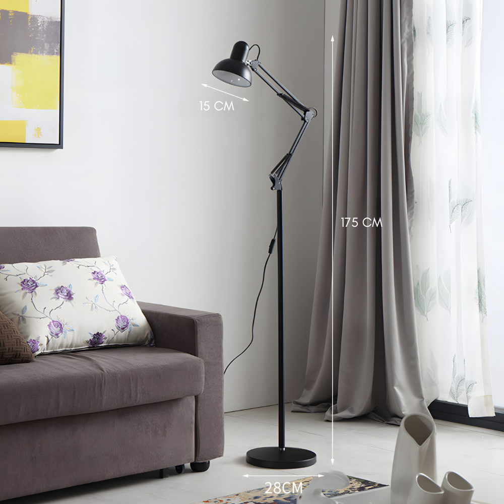 Lampadaire à bras articulé 360° en métal E27 – Arthel — allumé en situation