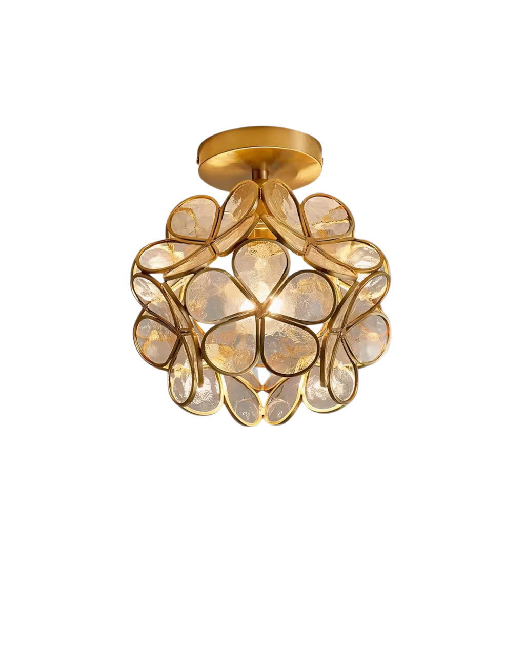 Plafonnier floral en verre dépoli sculpté et métal doré — vue de face