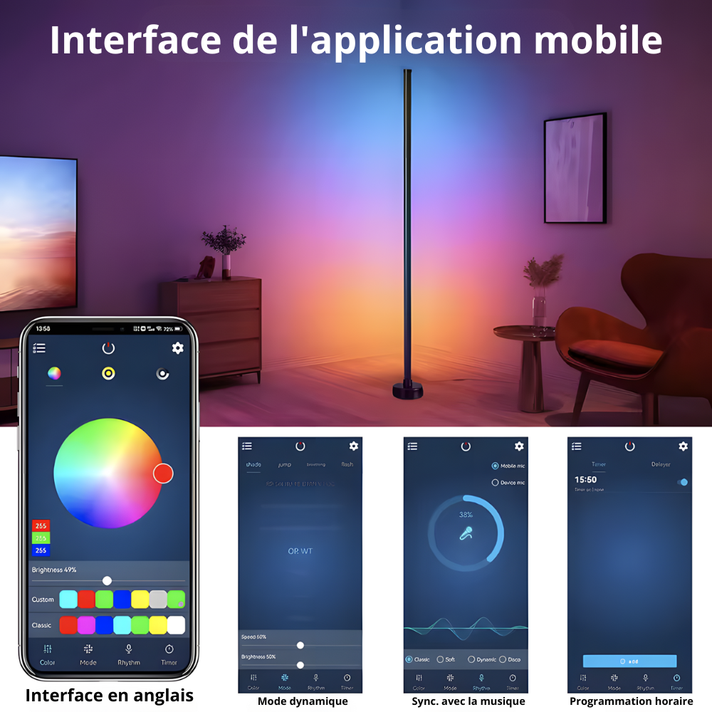 Lampadaire LED RGB connecté d'angle en ABS 120 cm – Aurix — allumé en situation