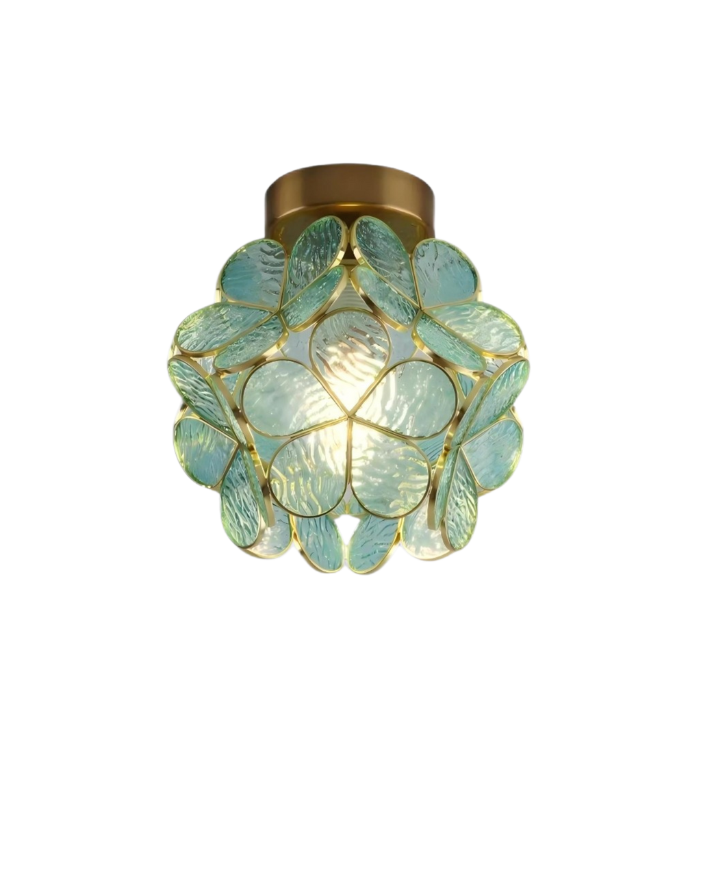 Plafonnier floral en verre dépoli sculpté et métal doré — détail du système de fixation