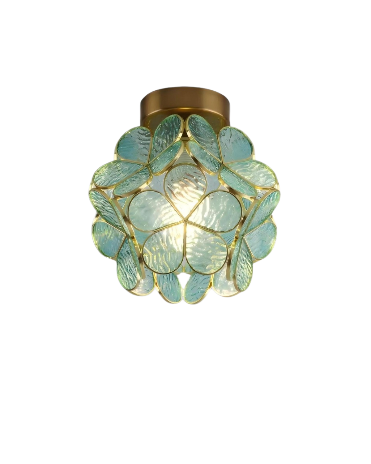 Plafonnier floral en verre dépoli sculpté et métal doré — détail du système de fixation