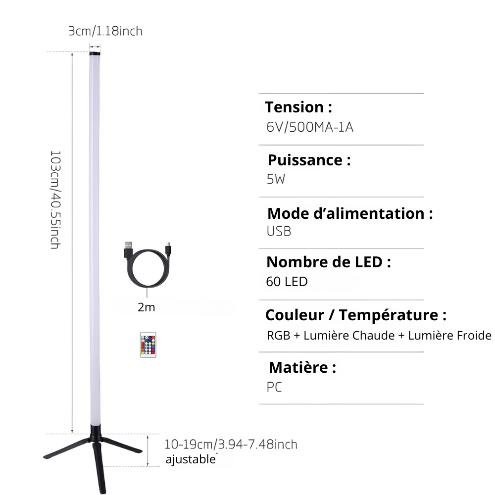 Lampadaire LED RGB d'angle télécommandé USB – Spectra — vue de dessous