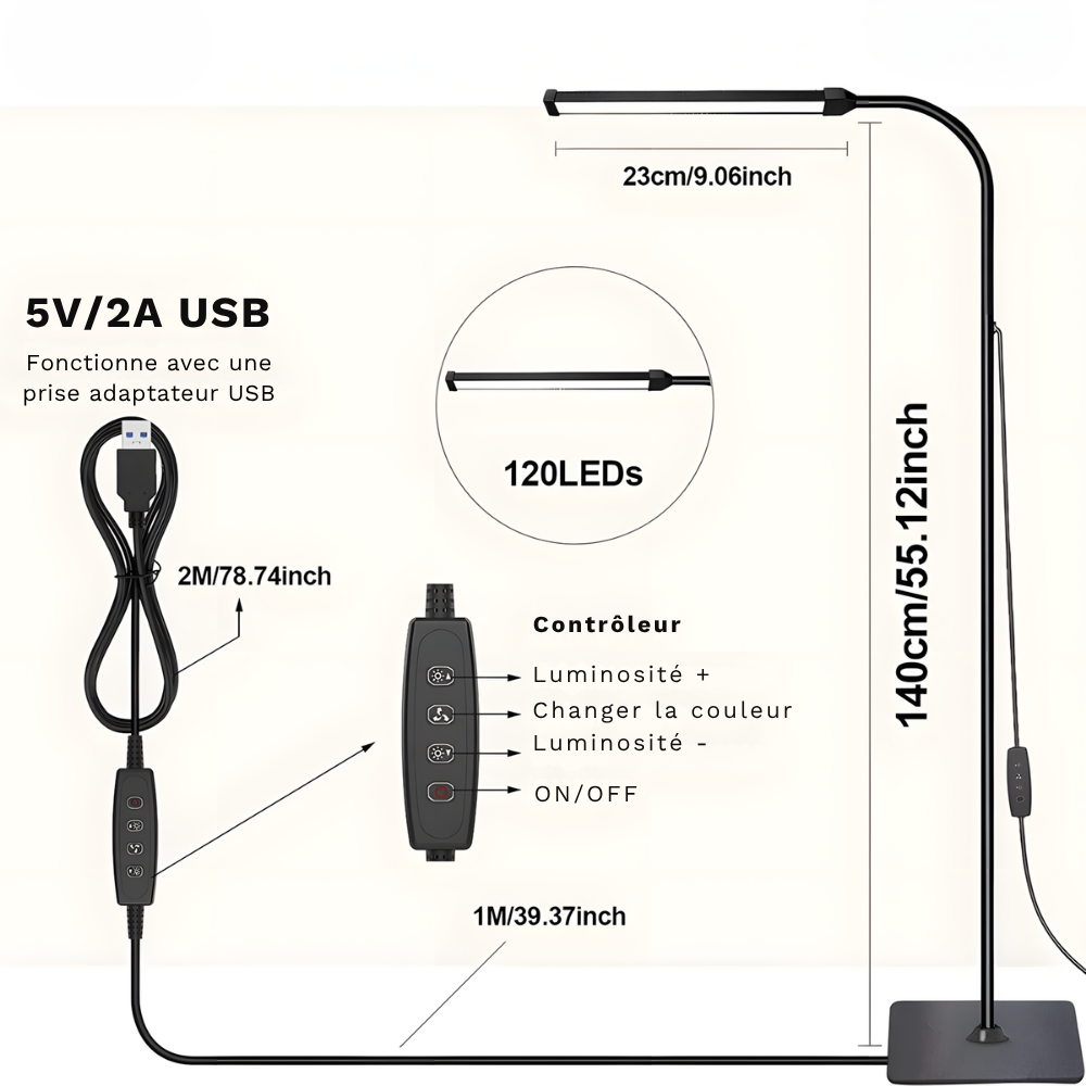 Lampadaire LED col flexible réglable 70 à 140 cm – Neria — vue de trois quarts