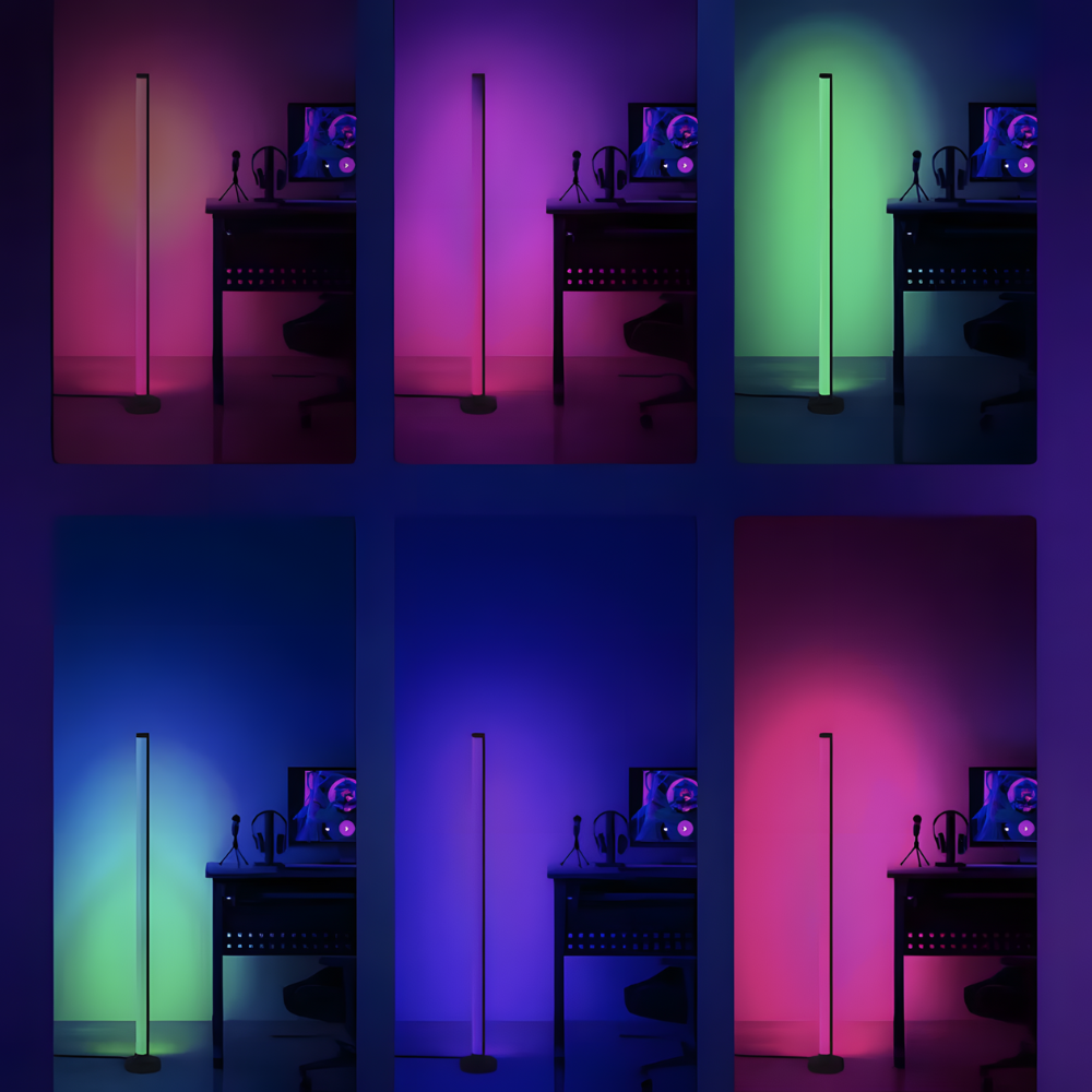 Lampadaire LED RGB connecté d'angle en ABS 120 cm – Aurix — mise en situation dans la pièce