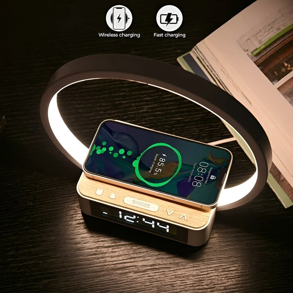 Lampe à poser LED avec charge sans fil et réveil – NovaGlow — vue de profil