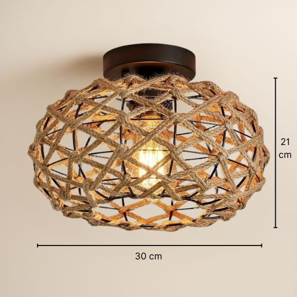 Plafonnier sphérique corde de chanvre tressée 30 cm – Noaé — allumé en situation