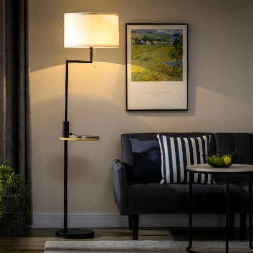 Lampadaire lin et bambou avec tablette et port USB – Kalyne