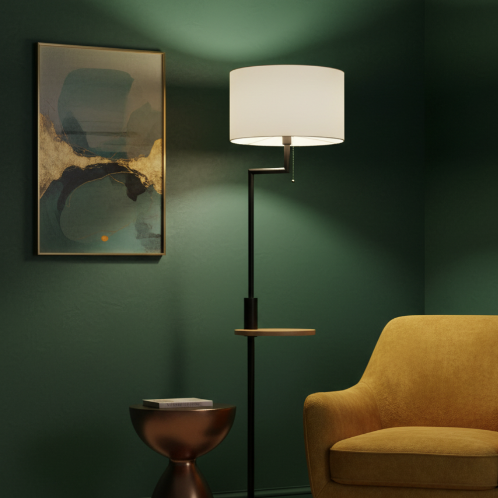 Lampadaire lin et bambou avec tablette et port USB – Kalyne — détail de la finition
