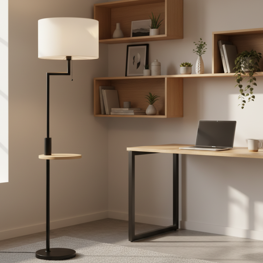 Lampadaire lin et bambou avec tablette et port USB – Kalyne — dimensions et cotes