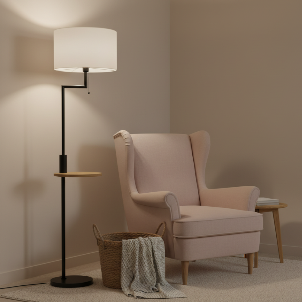 Lampadaire lin et bambou avec tablette et port USB – Kalyne — détail du système de fixation