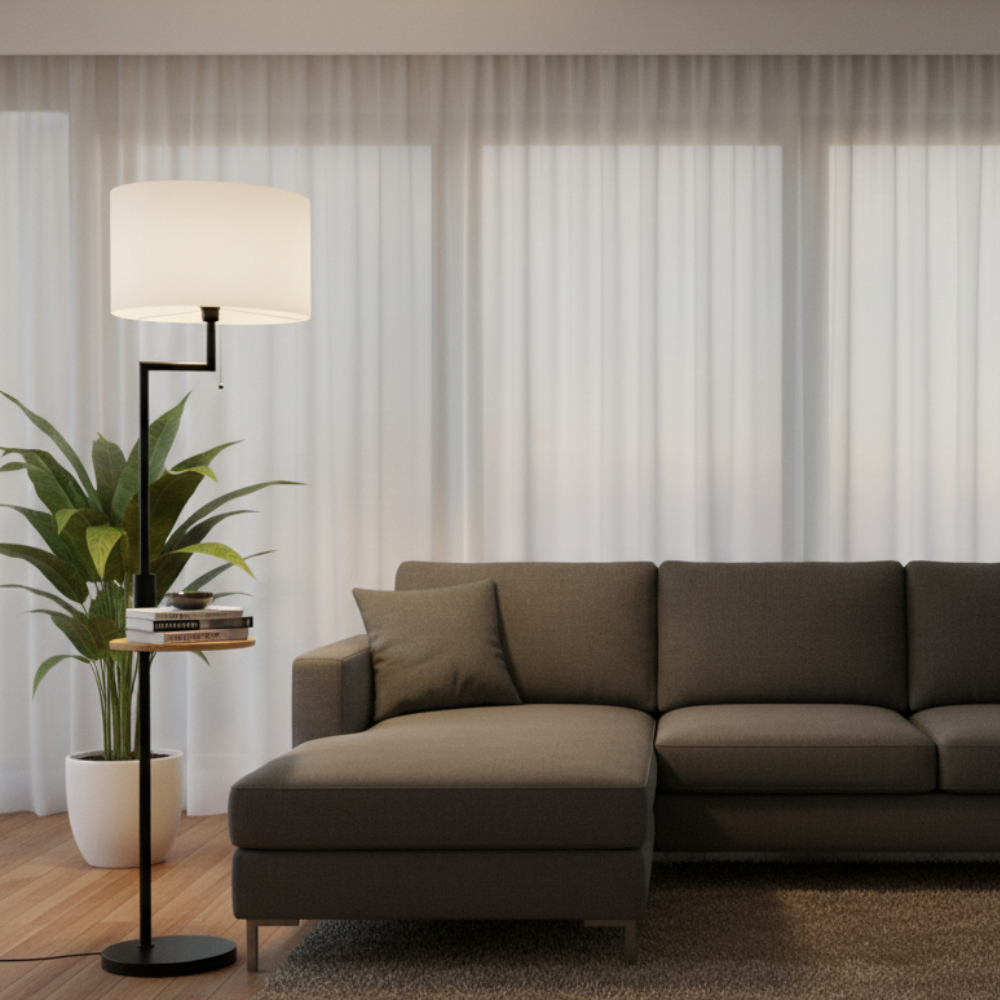Lampadaire lin et bambou avec tablette et port USB – Kalyne — vue de profil