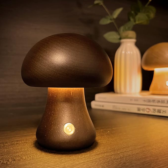 Lampe à poser LED bois de hêtre forme champignon – MushroomGlow — détail du système de fixation