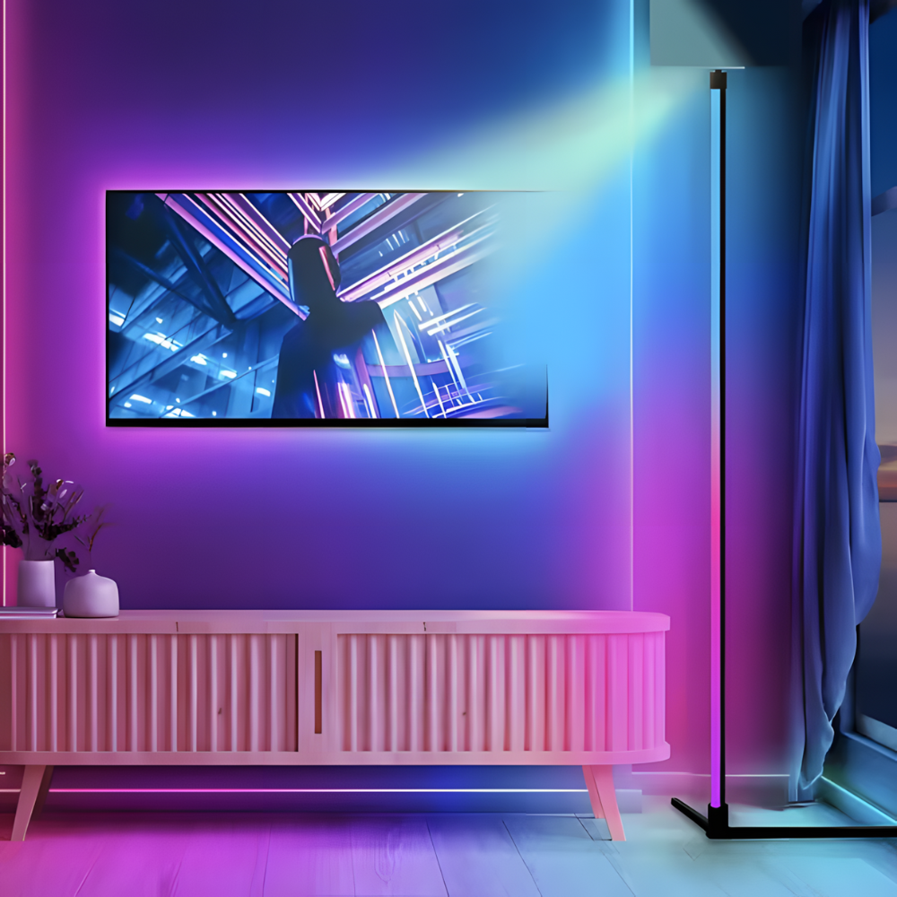 Lampadaire LED RGB d'angle aluminium 155 cm – Syrion — mise en situation dans la pièce