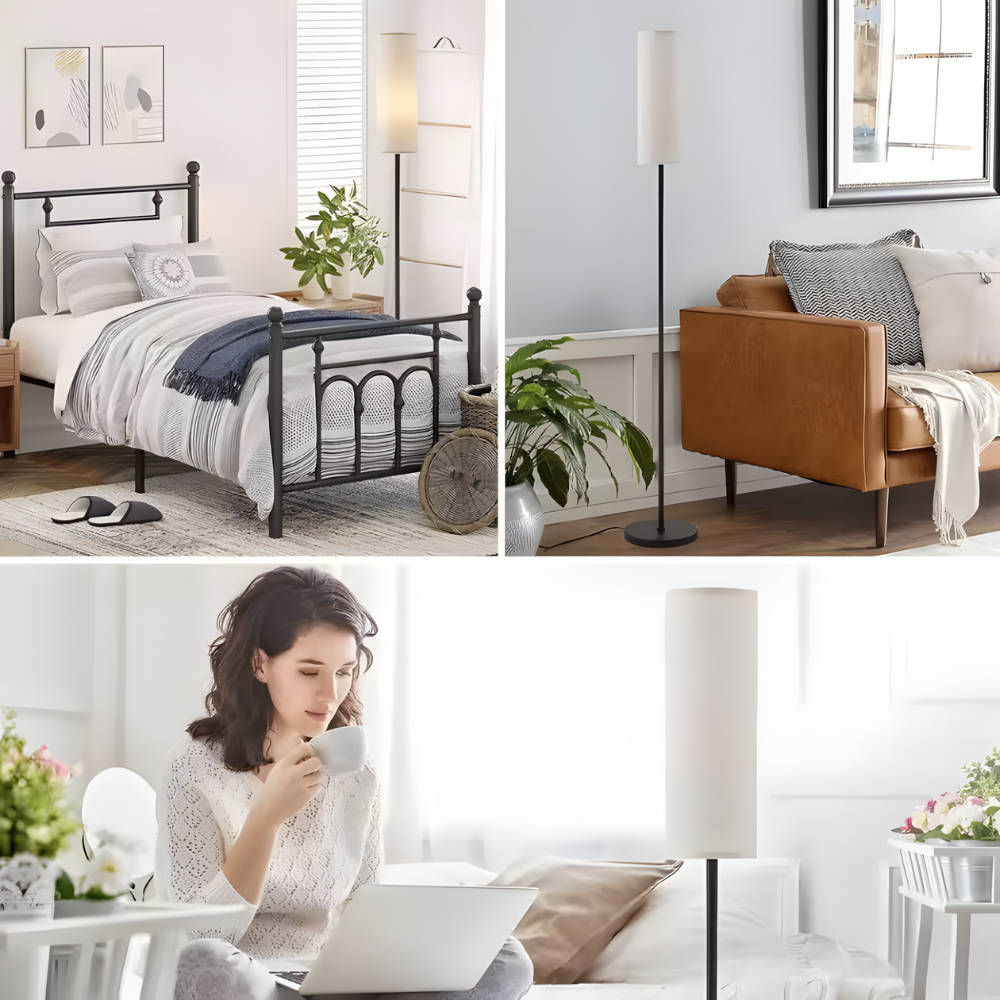 Lampadaire tissu effet lin interrupteur au pied 170 cm – Nérina — dimensions et cotes