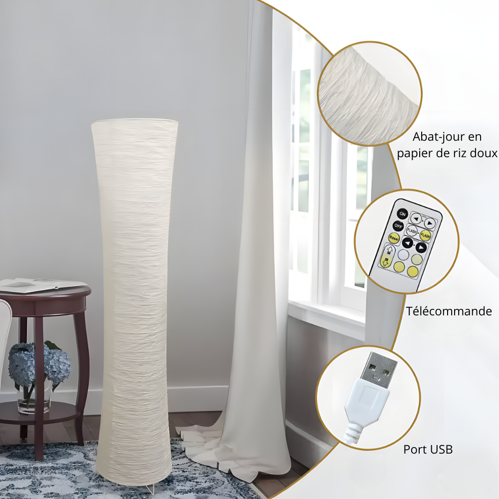 Lampadaire LED papier de riz dimmable 107 cm – Hinora — dimensions et cotes
