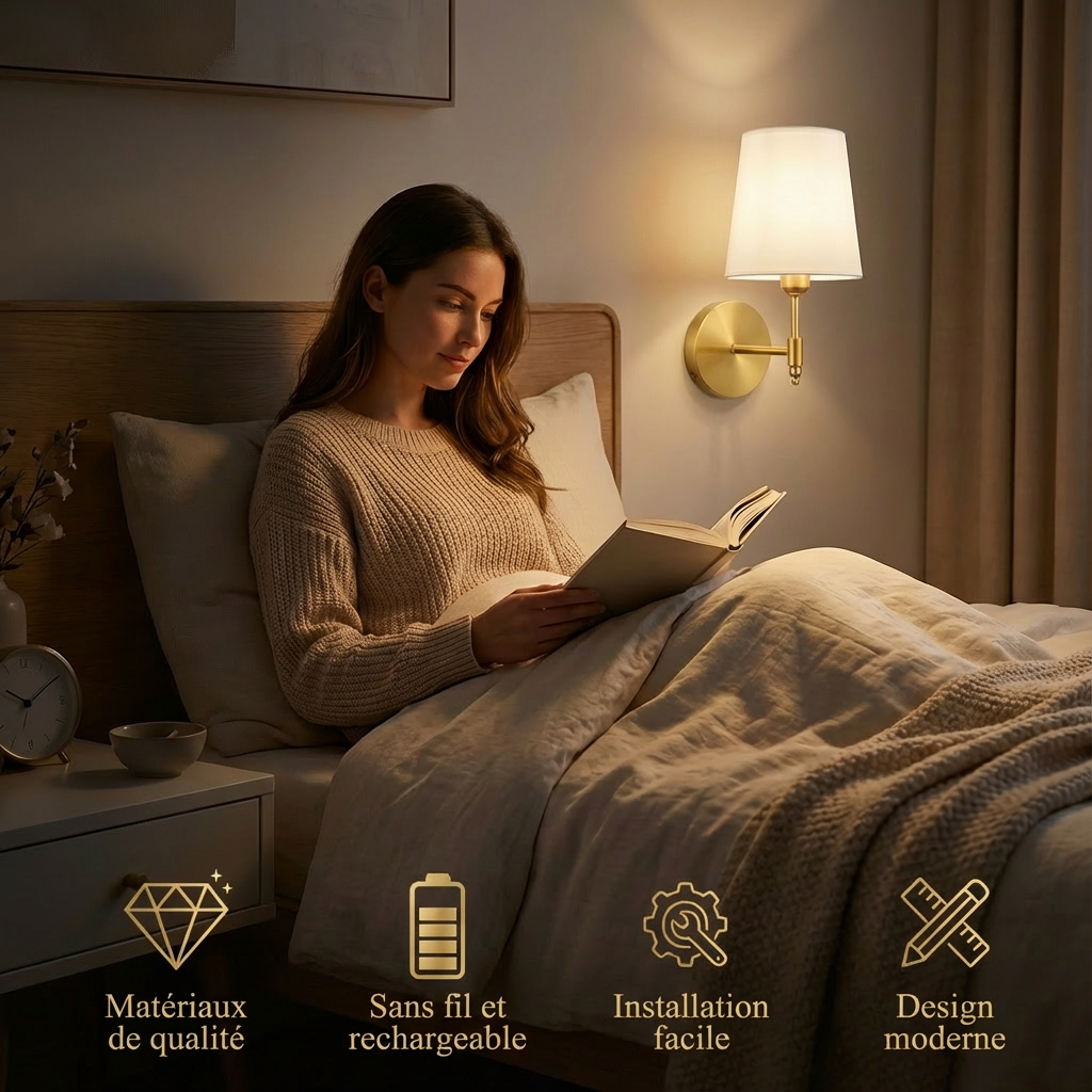 Applique murale LED rechargeable finition laiton – Aurélia — vue de face