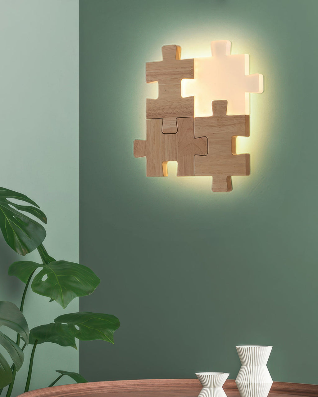 Applique murale en bois de caoutchouc, motif puzzle – PuzzleGlow — dimensions et cotes