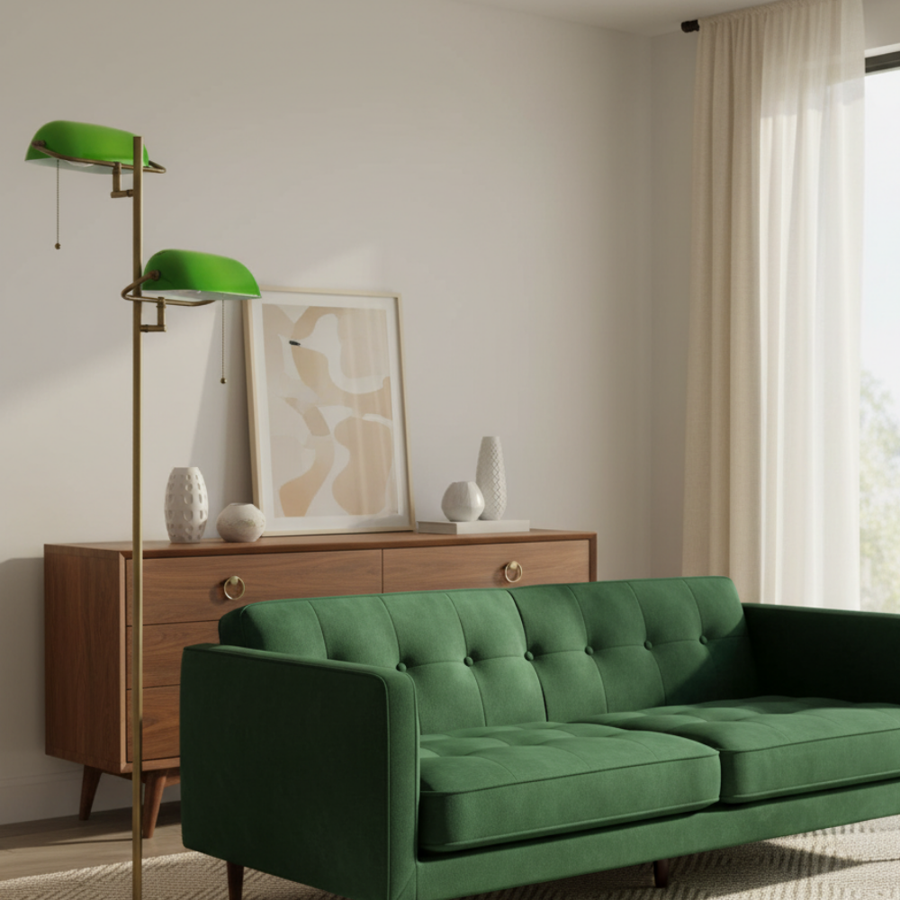 Lampadaire rétro laiton satiné et verre émeraude – Auren — vue de profil