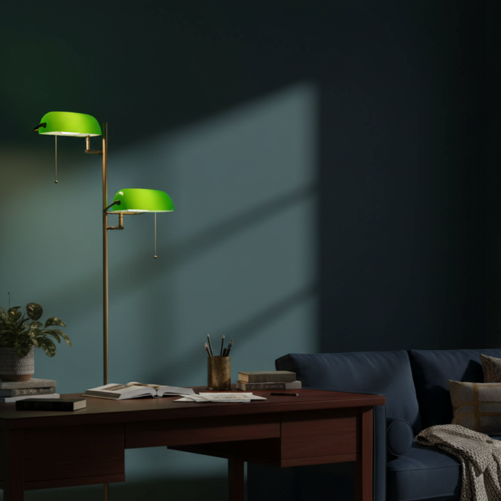 Lampadaire rétro laiton satiné et verre émeraude – Auren — dimensions et cotes