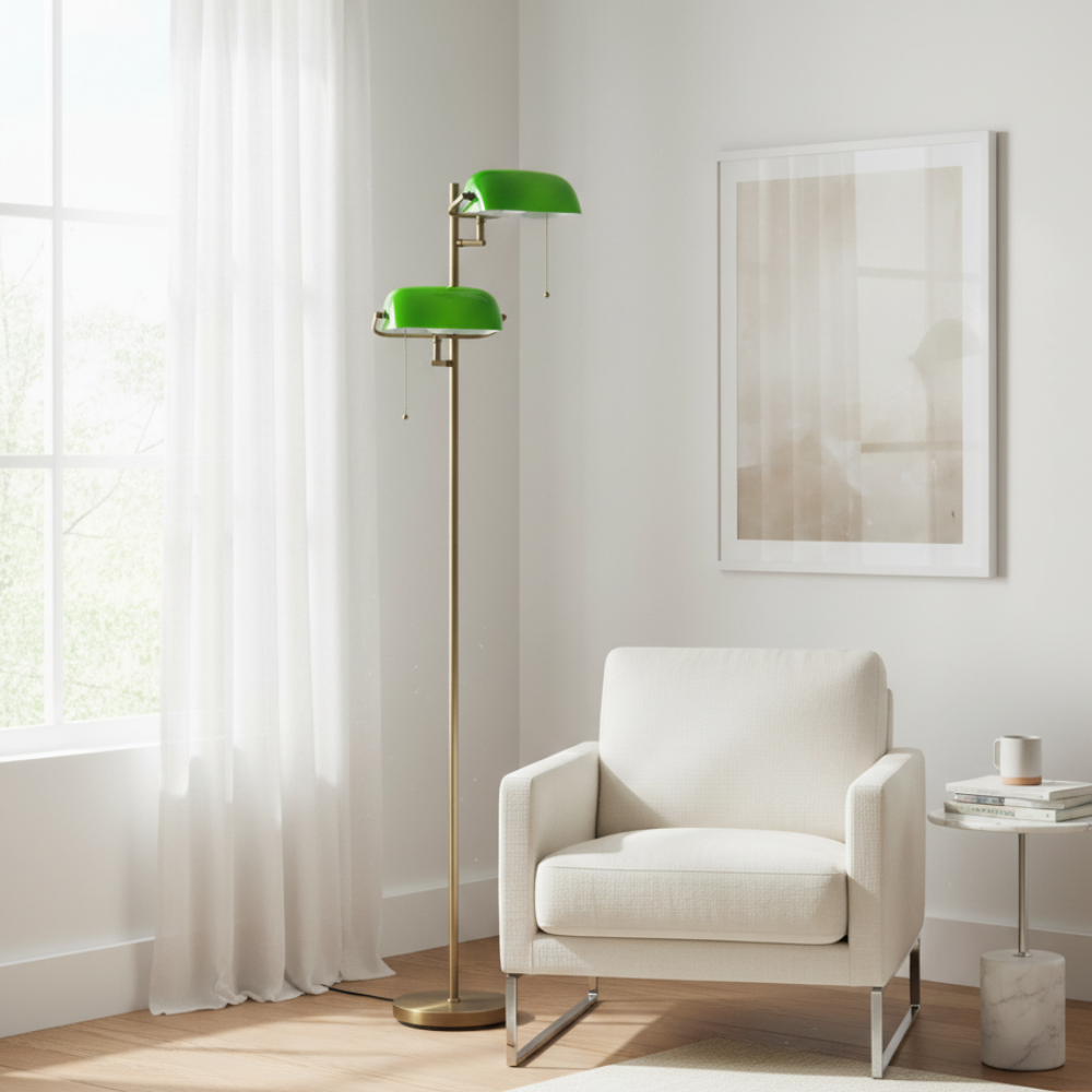 Lampadaire rétro laiton satiné et verre émeraude – Auren — détail de la finition