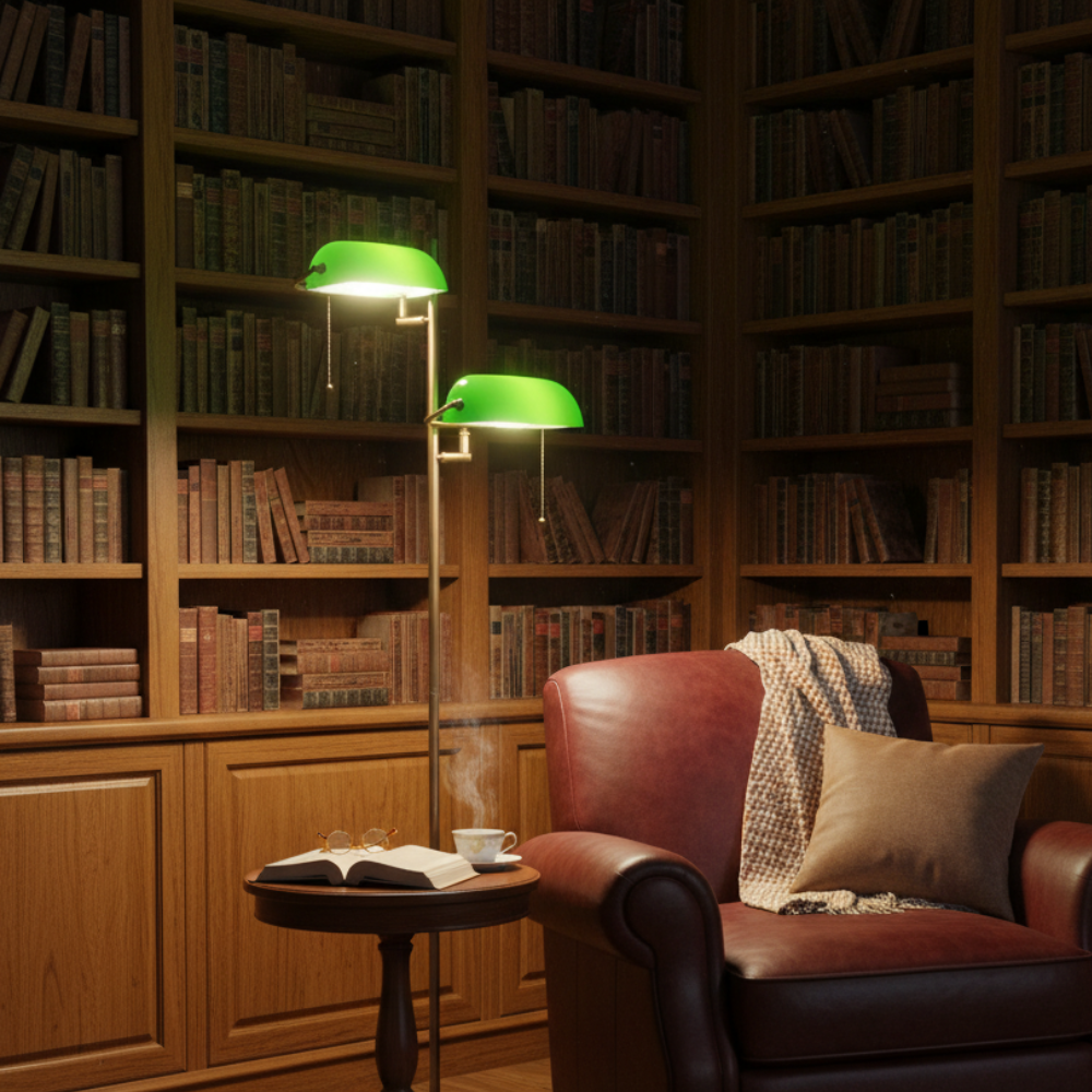 Lampadaire rétro laiton satiné et verre émeraude – Auren — vue de face