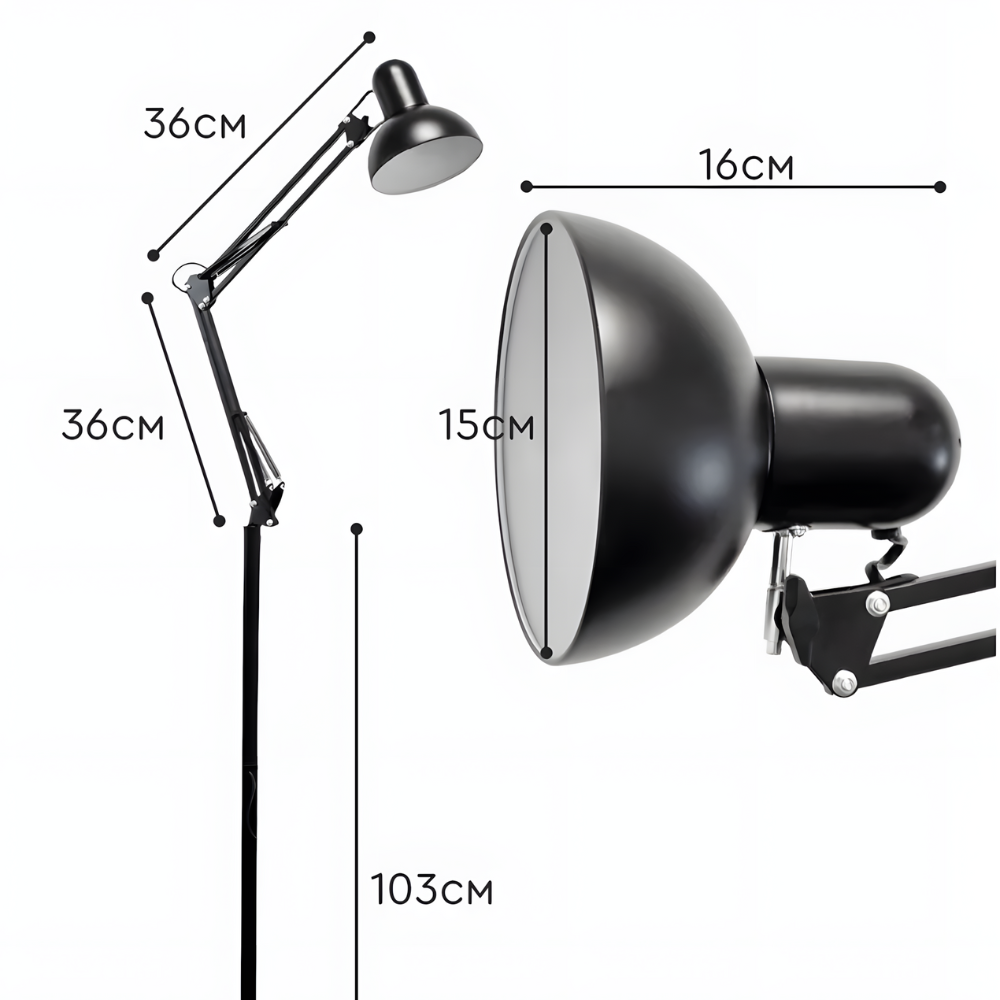 Lampadaire à bras articulé 360° en métal E27 – Arthel — vue de dessous