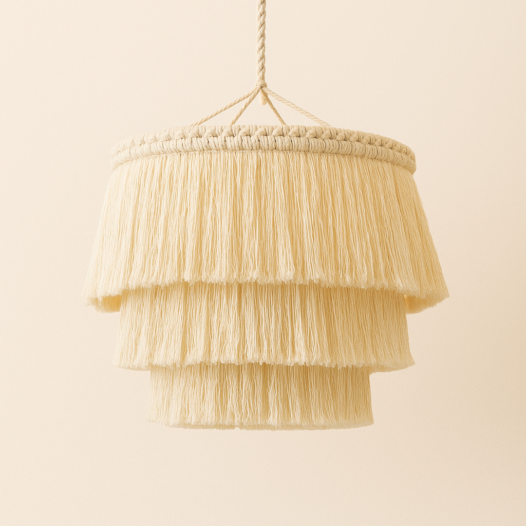 Suspension en macramé de coton 3 niveaux 30 cm – Seraya — mise en situation dans la pièce