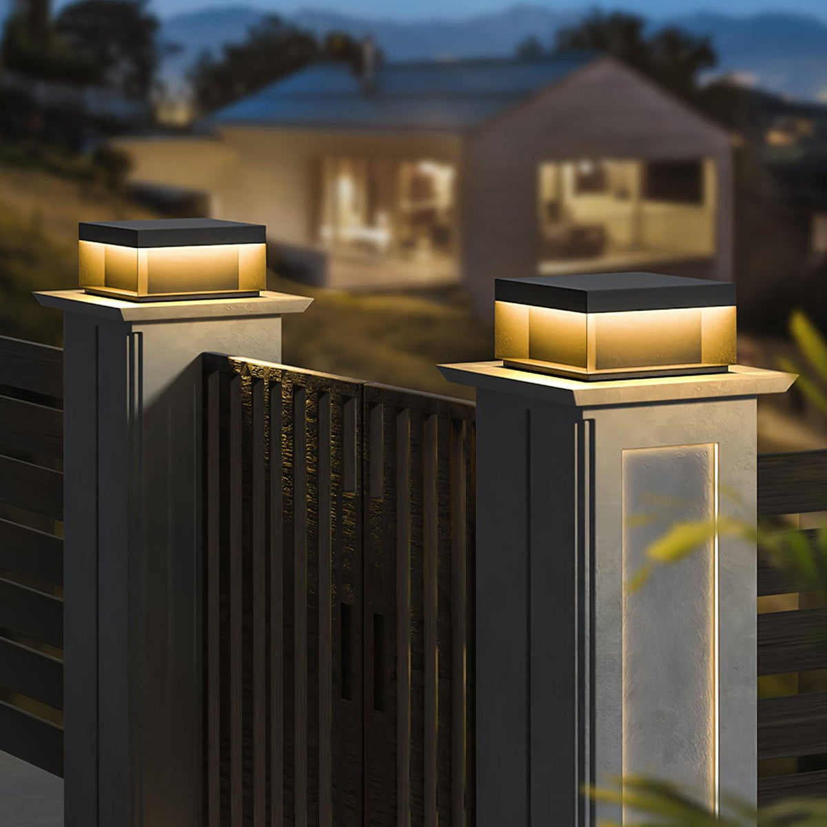 Borne de jardin LED métal sablé IP65 – filaire ou solaire — mise en situation dans la pièce (2)