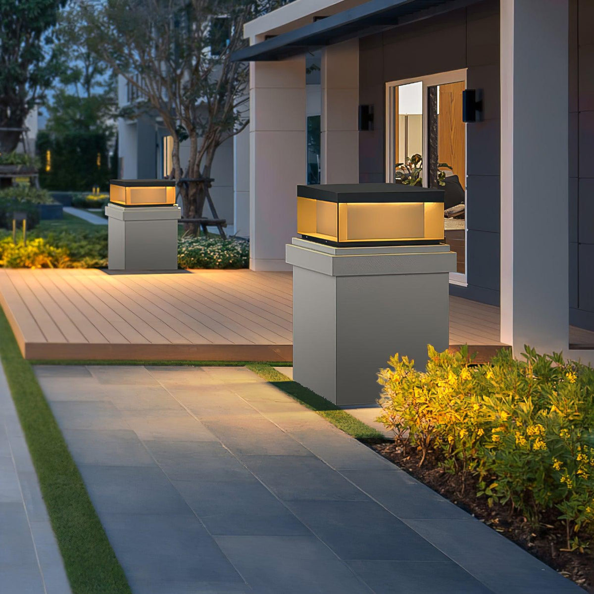 Borne de jardin LED métal sablé IP65 – filaire ou solaire — vue de face (5)