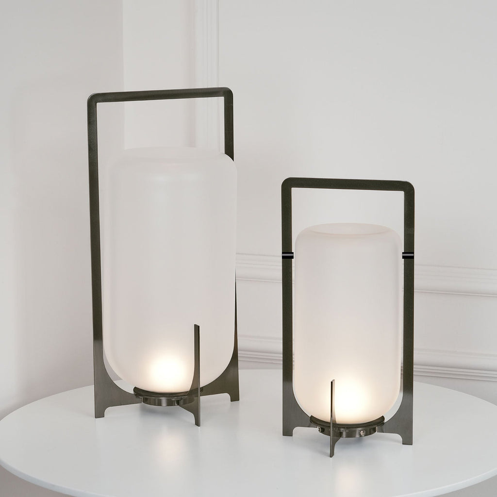 Lampe à poser lanterne inox – allumage crépusculaire automatique — vue de dessous