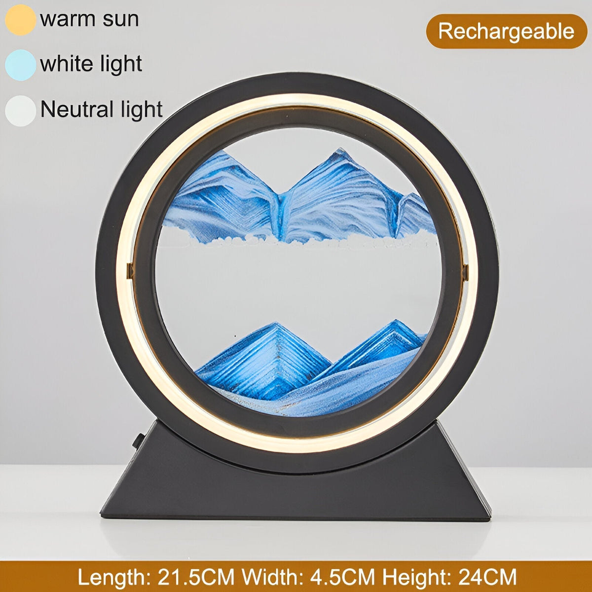 Lampe à poser LED verre sable en mouvement USB – SandGlow — dimensions et cotes
