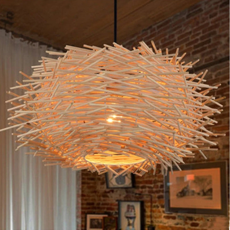 Suspension en bambou tressé forme nid câble 120 cm – Soléa — vue de profil
