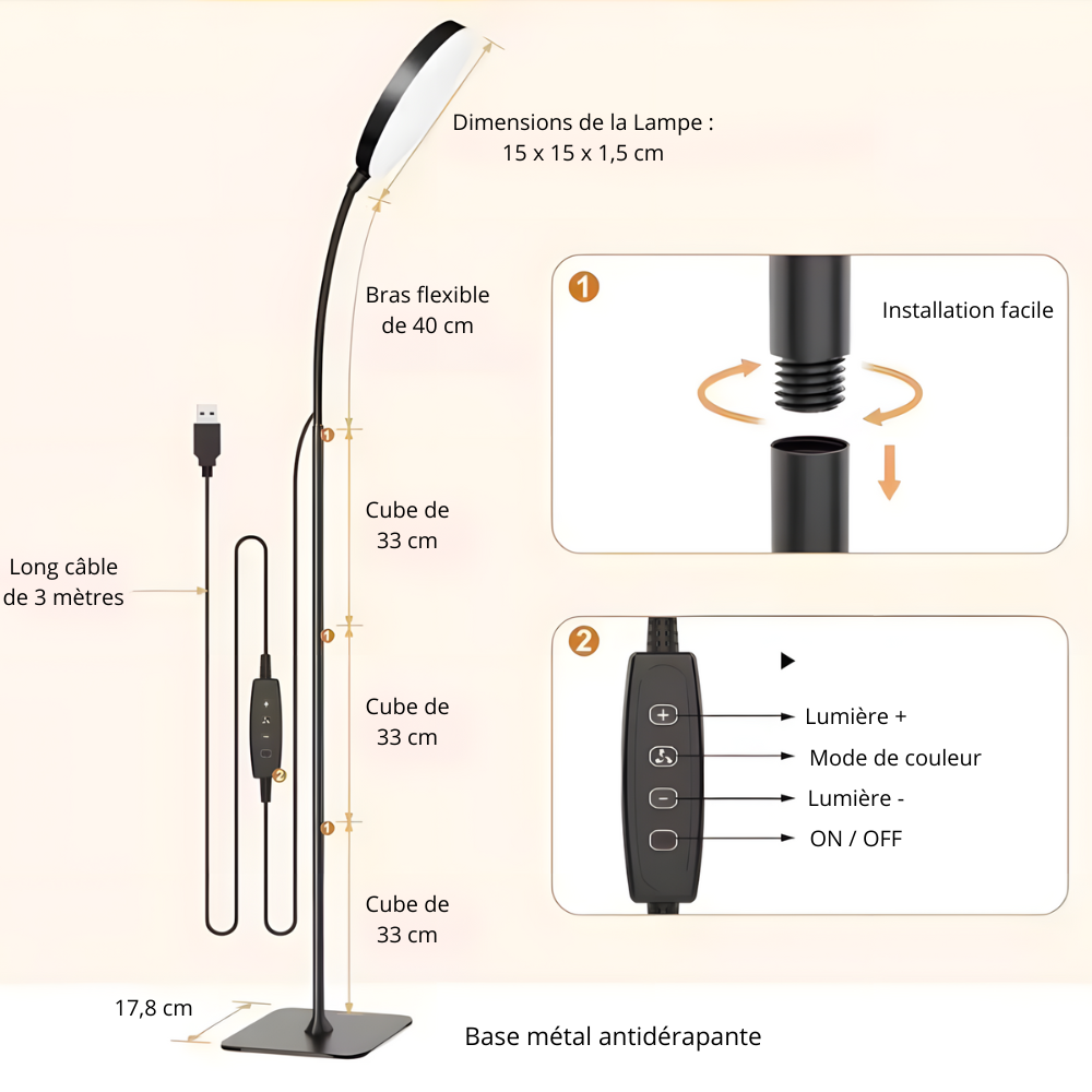 Lampadaire LED col de cygne métal Art Déco 150 cm – Oris — allumé en situation