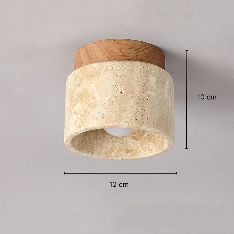 Plafonnier en travertin et bois massif Ø12 cm – Caldera — détail de la finition (2)