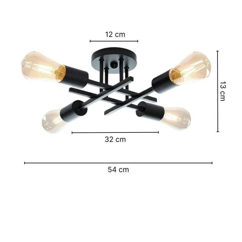 Plafonnier industriel croisé 4 lumières fer forgé – Axiom — dimensions et cotes