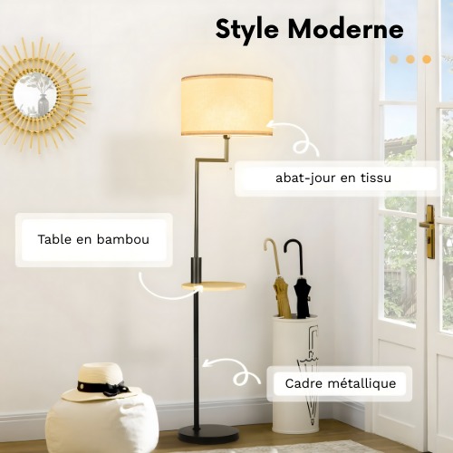 Lampadaire lin et bambou avec tablette et port USB – Kalyne — vue de face