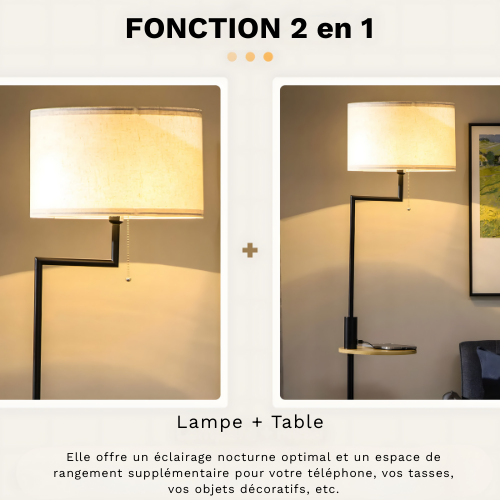 Lampadaire lin et bambou avec tablette et port USB – Kalyne — vue de trois quarts