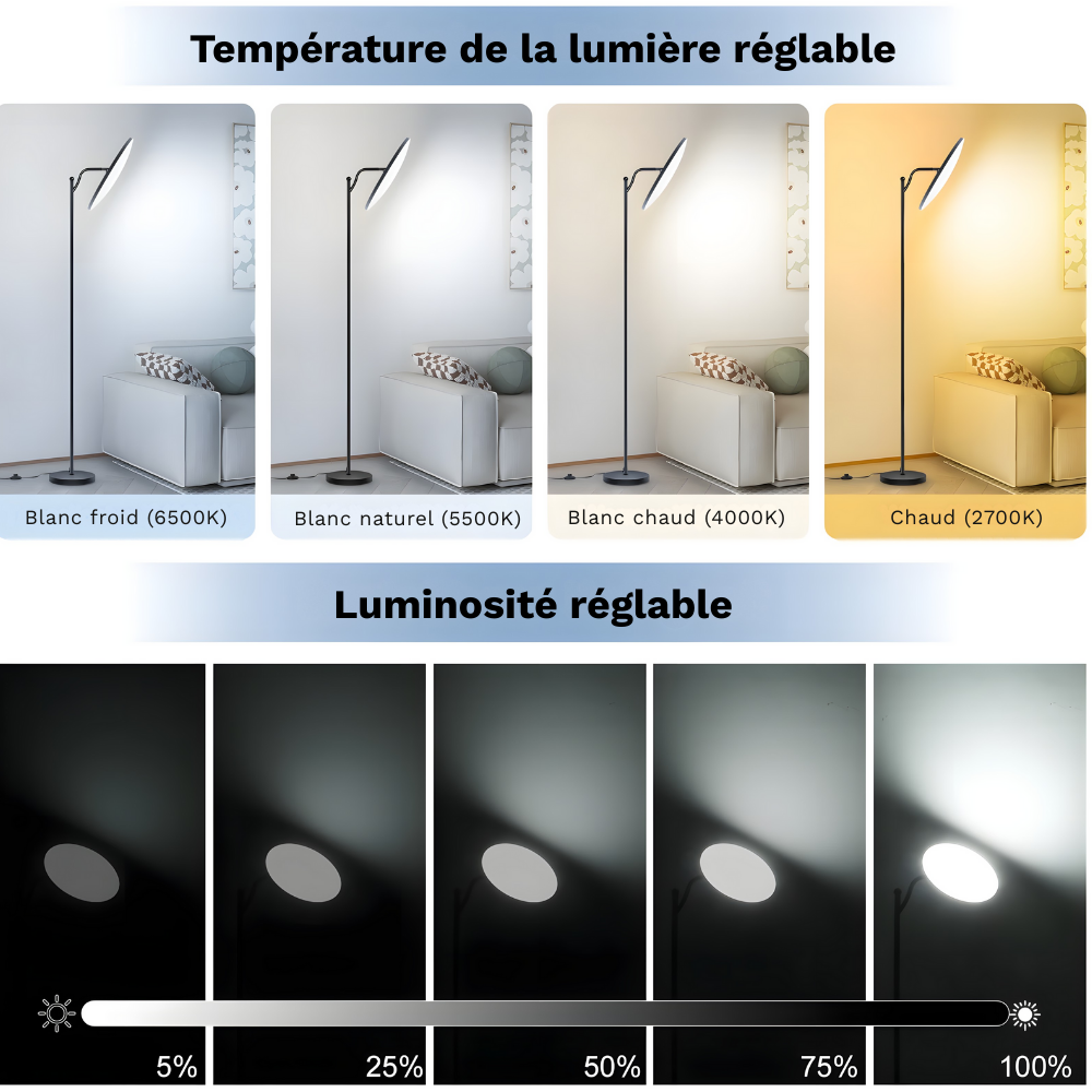 Lampadaire LED dimmable 3000 lm télécommandé 183 cm – Aeron — allumé en situation