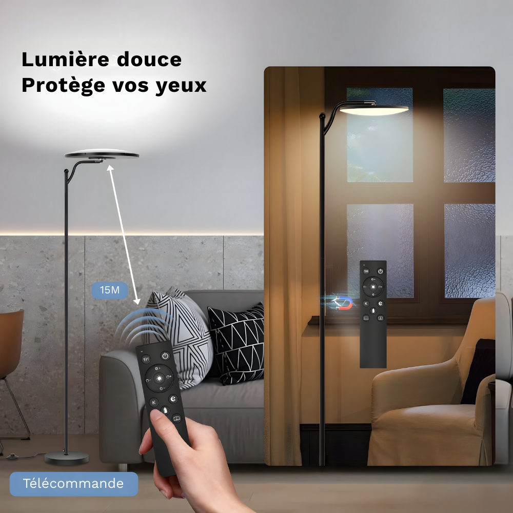 Lampadaire LED dimmable 3000 lm télécommandé 183 cm – Aeron — vue de trois quarts