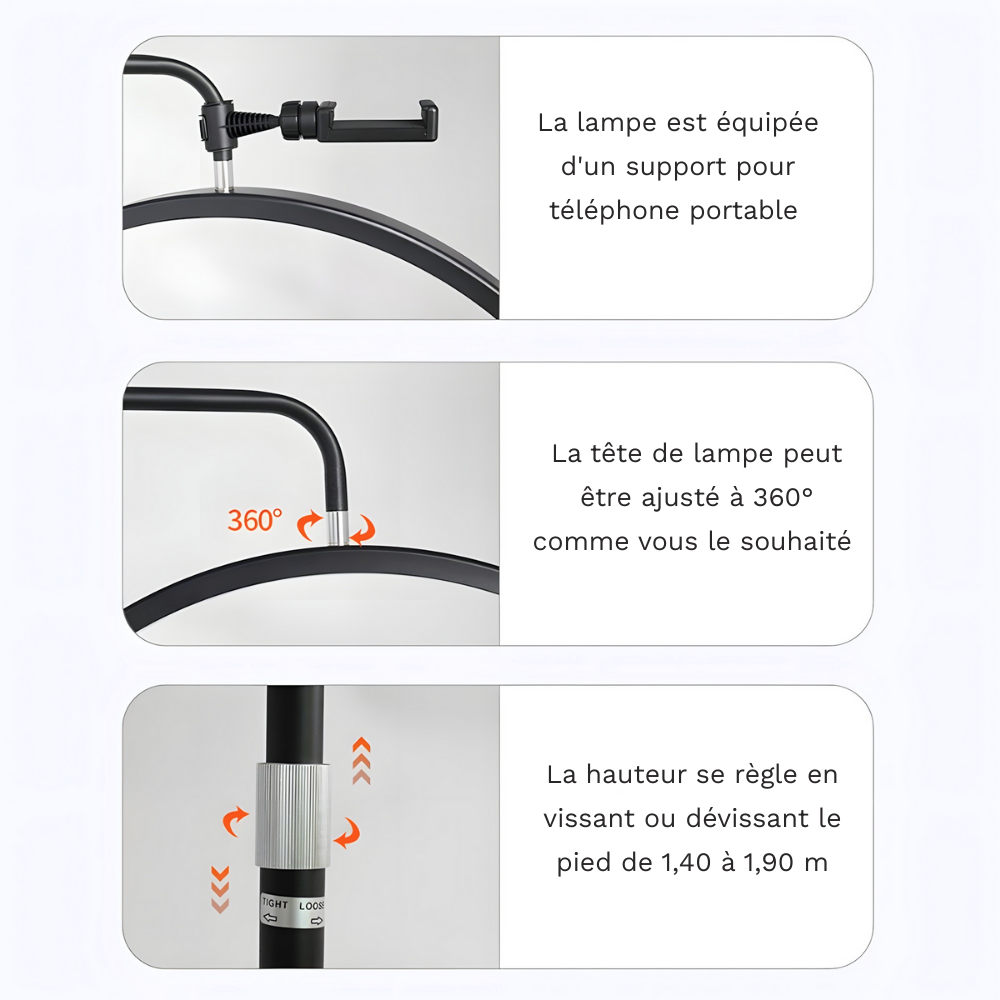 Lampadaire LED demi-lune 36 W dimmable CRI 90 – Lunarys — dimensions et cotes