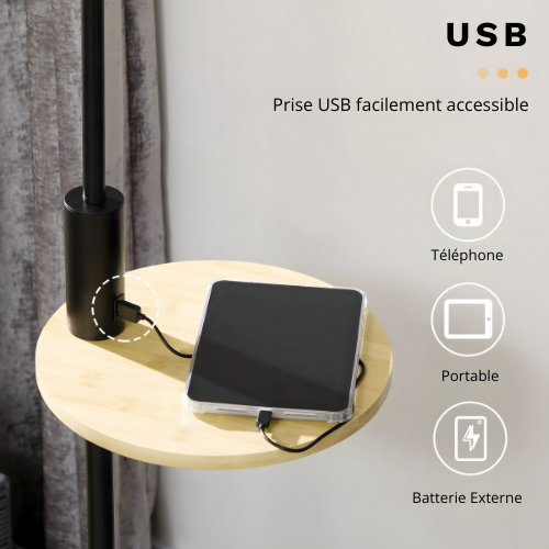 Lampadaire lin et bambou avec tablette et port USB – Kalyne — allumé en situation