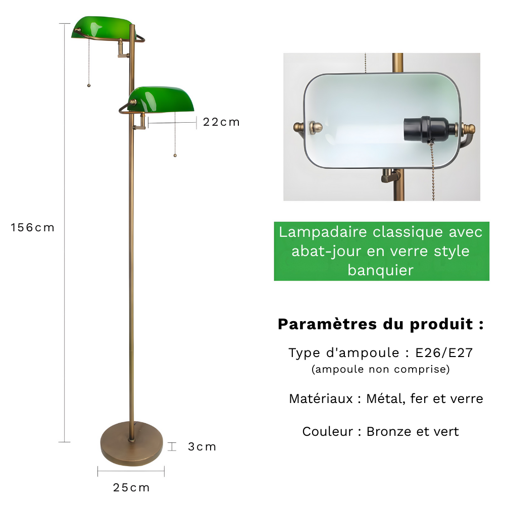 Lampadaire rétro laiton satiné et verre émeraude – Auren — vue de trois quarts