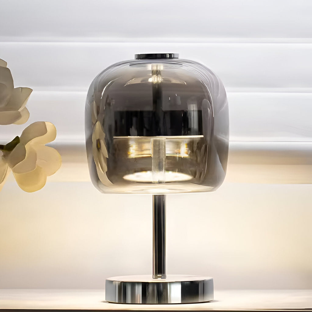 Lampe à poser en verre gris fumé dimmable USB – GlowSphere — vue de profil
