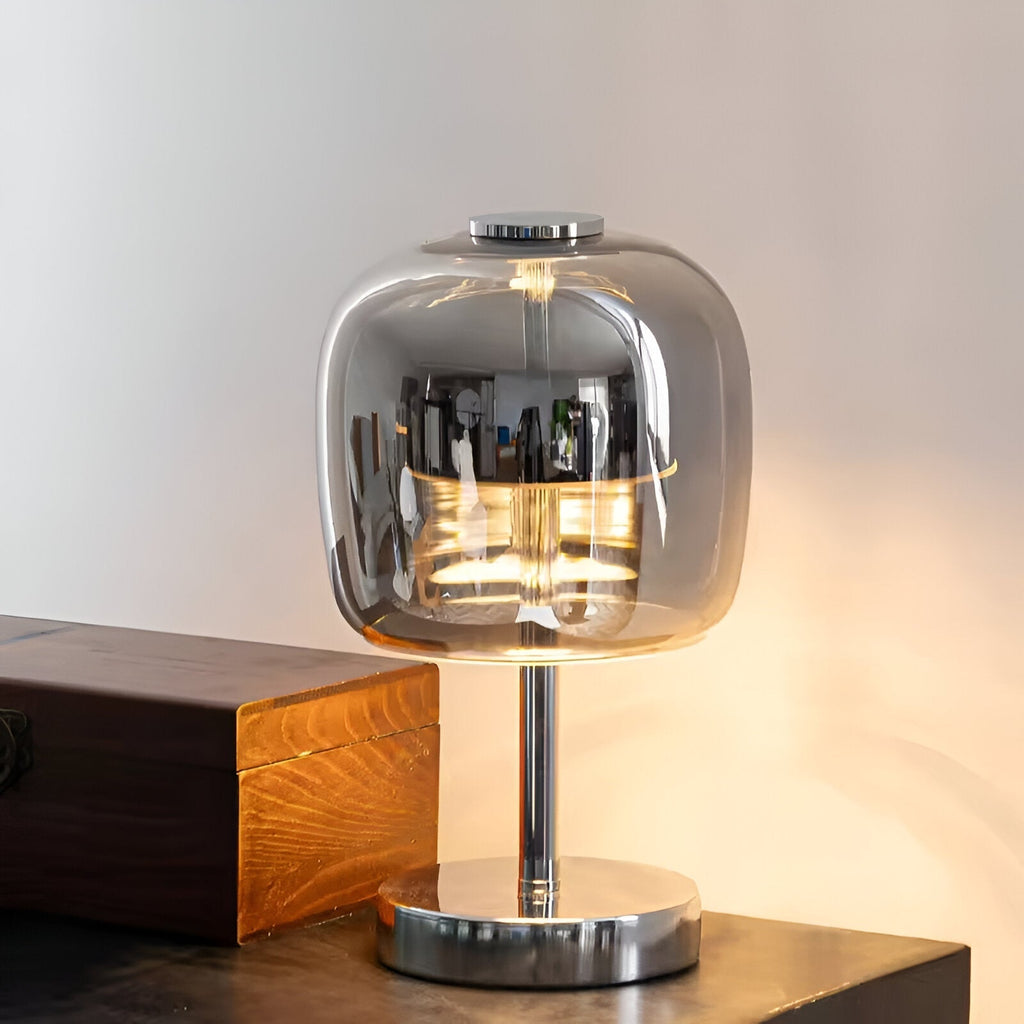 Lampe à poser en verre gris fumé dimmable USB – GlowSphere — vue de face
