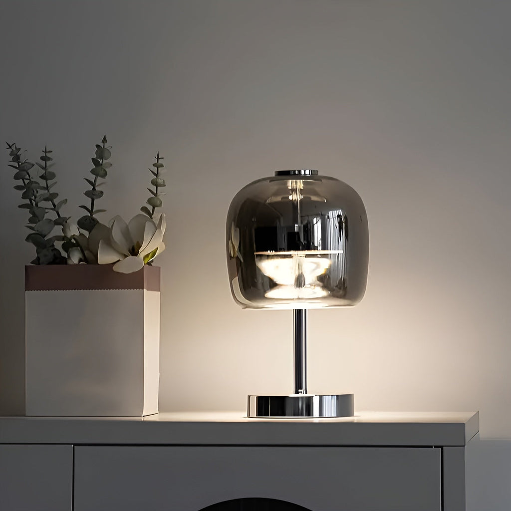 Lampe à poser en verre gris fumé dimmable USB – GlowSphere