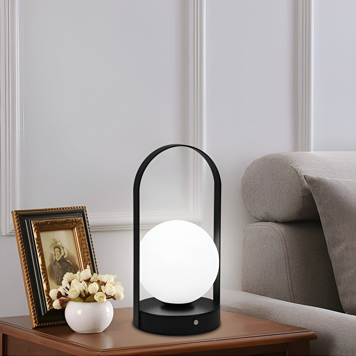 Lampe à poser sans fil dimmable acrylique et inox – OrbitaLux — dimensions et cotes