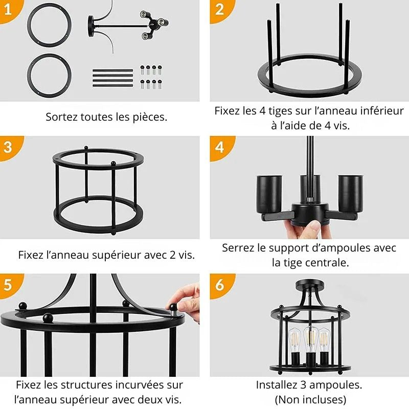 Plafonnier industriel noir 3 lumières fer forgé – Atelion — vue de dessous