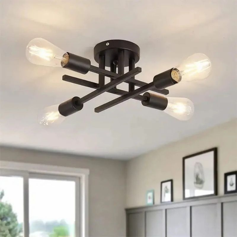 Plafonnier industriel croisé 4 lumières fer forgé – Axiom — mise en situation dans la pièce