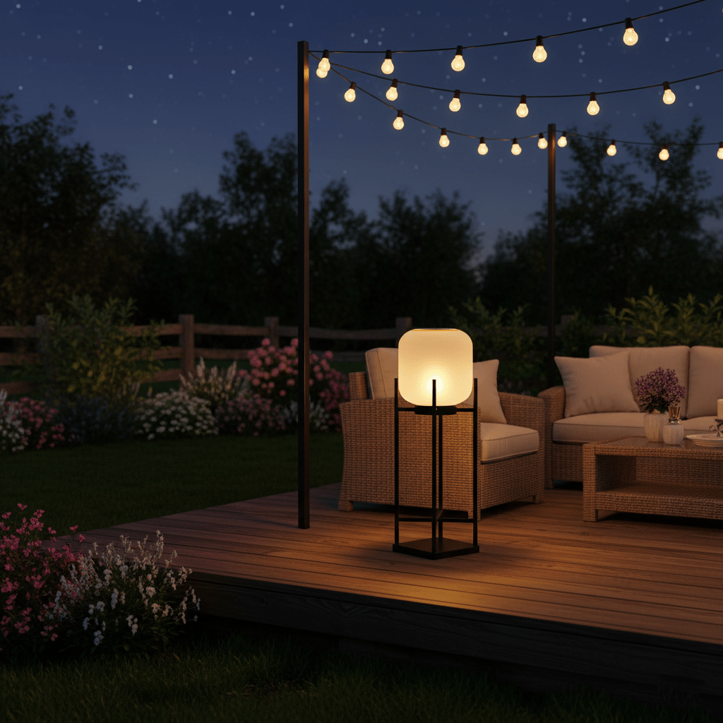 Lampadaire solaire inox et verre style lanterne – jardin — vue de profil