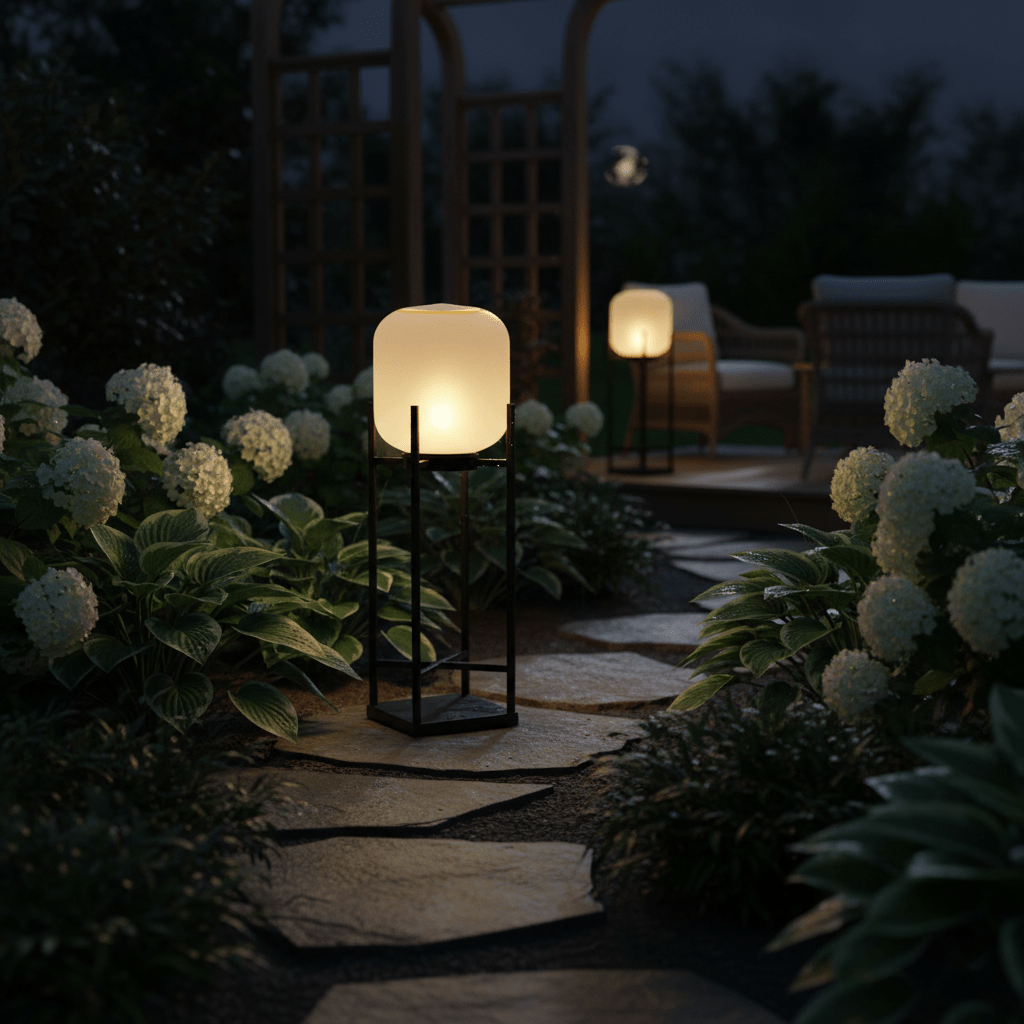 Lampadaire solaire inox et verre style lanterne – jardin — allumé en situation
